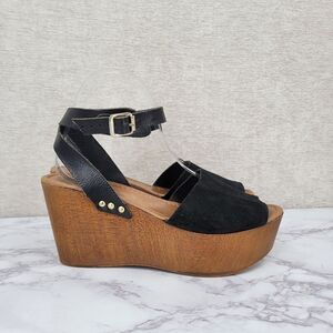 Seychelles Black Suede Platform Wedge Sandals Ankle Wrap Strap